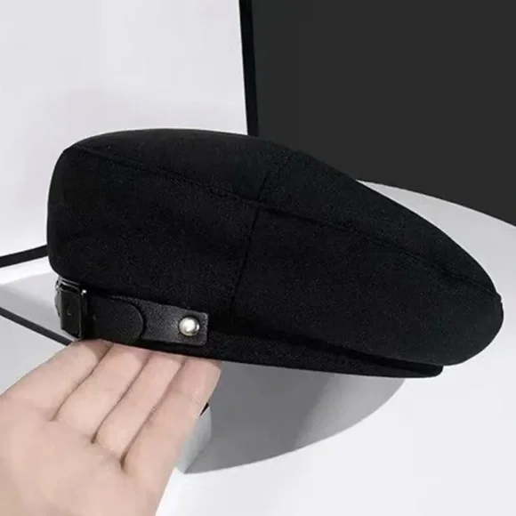 Custom Beret Hat Buckle Cap, Black Camellia flower - Picture 5 of 7